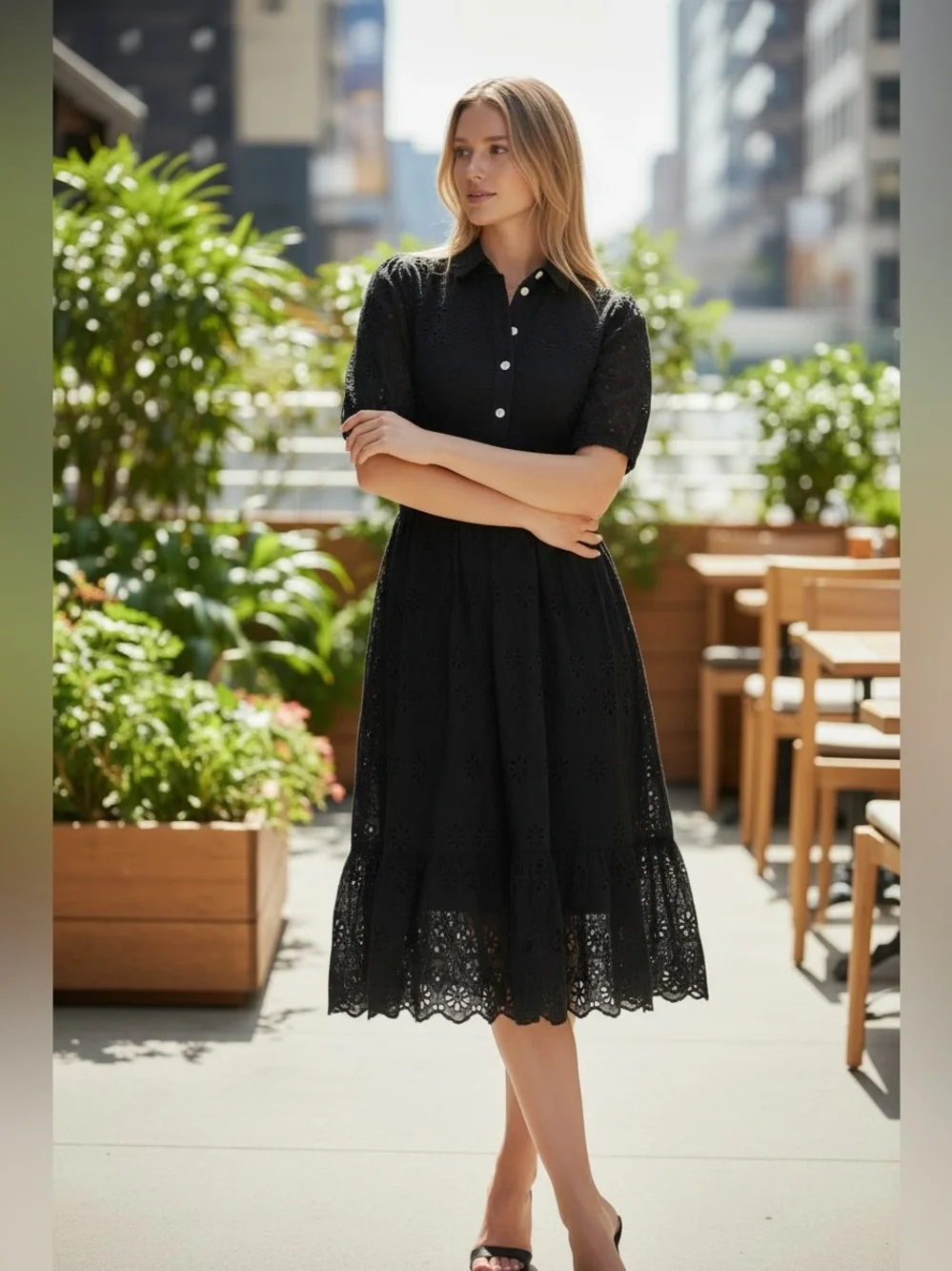 KATE SPADE Black Cotton Eyelet Polo-Collar Midi Dress